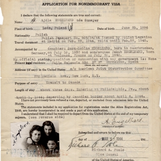 Copie d'un original, un document typographié d'une page avec une signature manuscrite au bas de la page, daté du 7 mars 1944. Une petite photo d'identité, sur laquelle il y a un femme et deux enfants, est attachée dans le coin inférieur gauche. Les bords de la page sont légèrement déchirés.