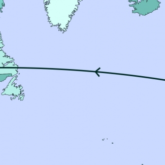 Une carte illustrant la plupart de l'Amérique du Nord, de l’Europe, et une partie de l’Afrique. Une ligne traverse divers endroits de la carte.